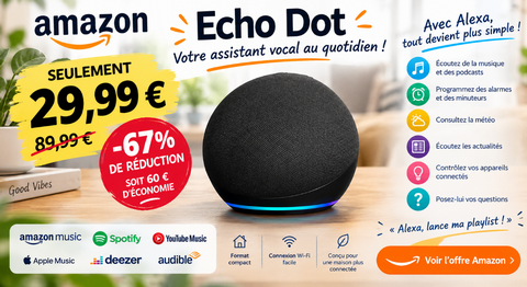 Amazon Echo Dot à 29,99 € au lieu de 89,99 €