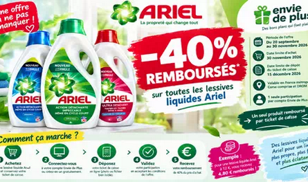 Ariel offre de remboursement : Profitez de -40 % remboursés sur les lessives liquides