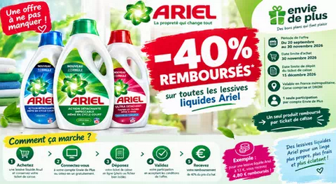 Ariel offre de remboursement : Profitez de -40 % remboursés sur les lessives liquides