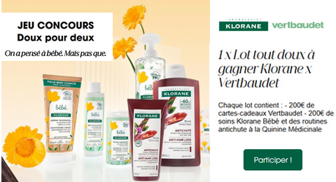 Concours Vertbaudet Klorane 1 Lot de produits pour le Bébé et la Maman à Gagner